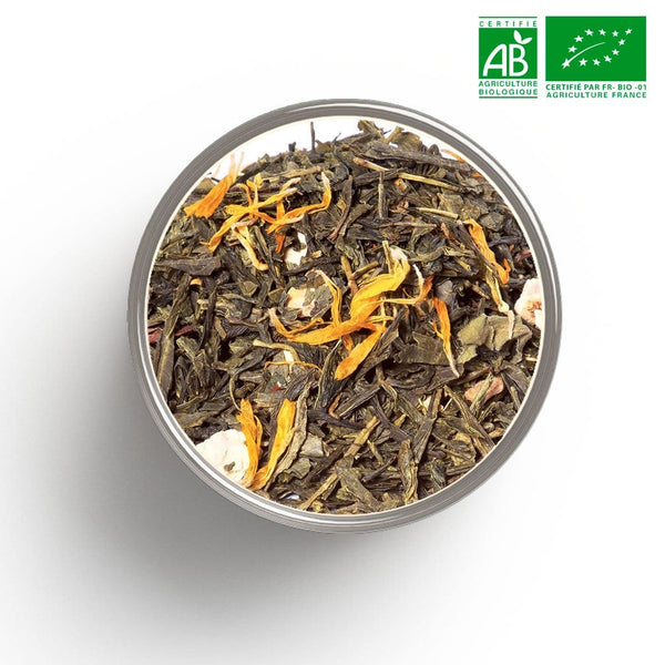 Organic green tea with citrus flavours (ginger, orange) in bulk